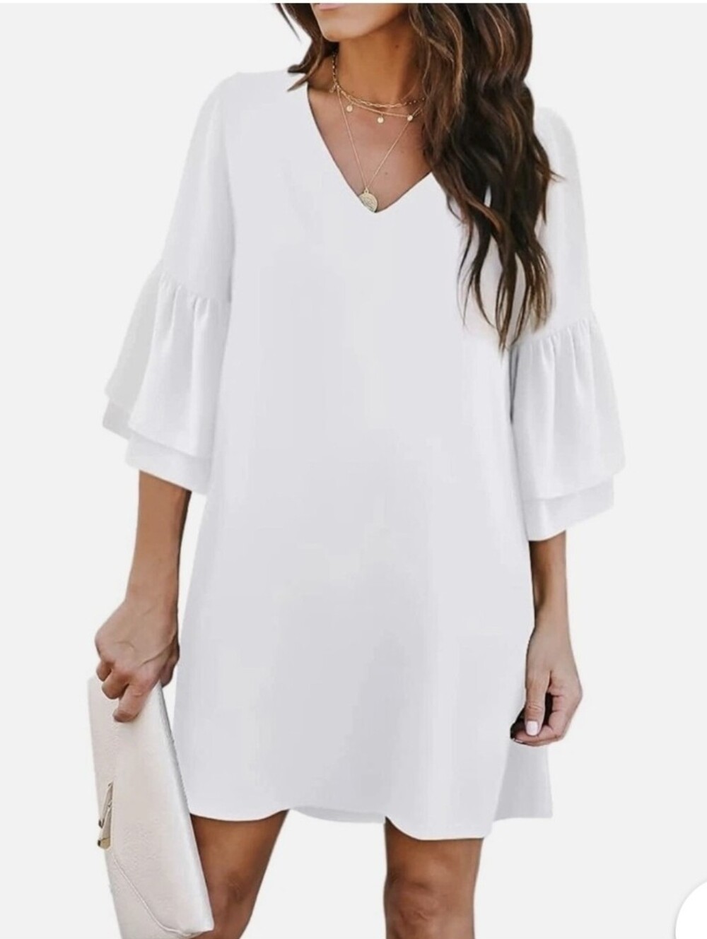 Belongsci Dress Boho Chic V NeckTiered 3/4 Bell Sleeves White Size S